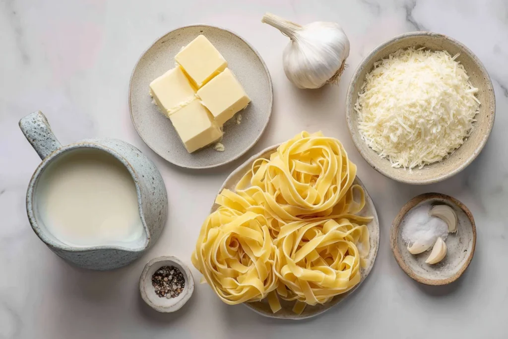 Fettuccine Alfredo im Overhead-Stil fotografiert mit frischen Kräutern
