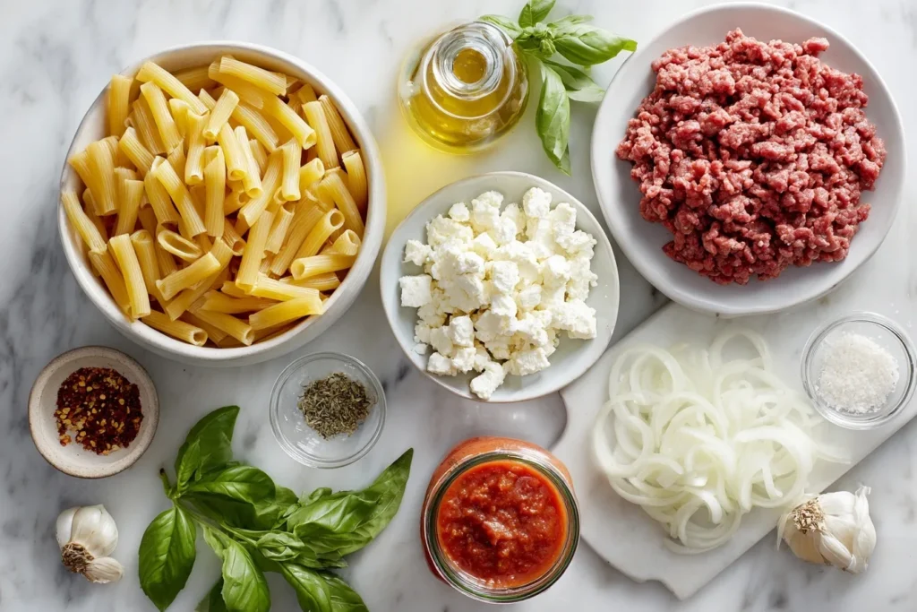 Griechischer Nudel-Hackauflauf mit Feta in einer Keramikform mit frischen Kräutern