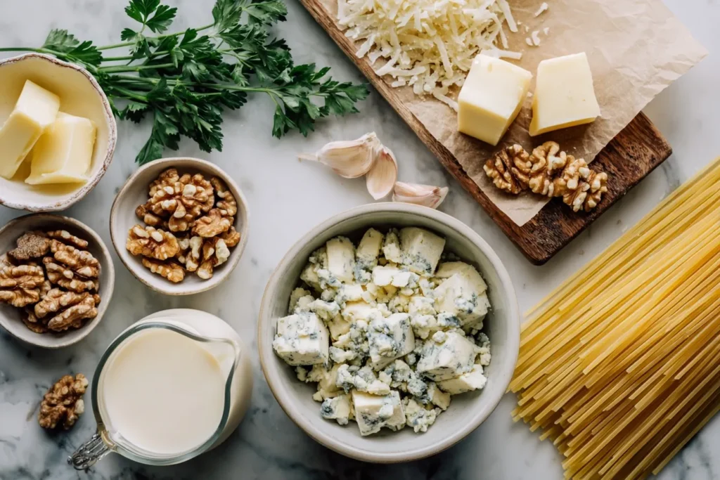 Rustikale Präsentation von Nudeln Mit Gorgonzola auf einem Holztisch