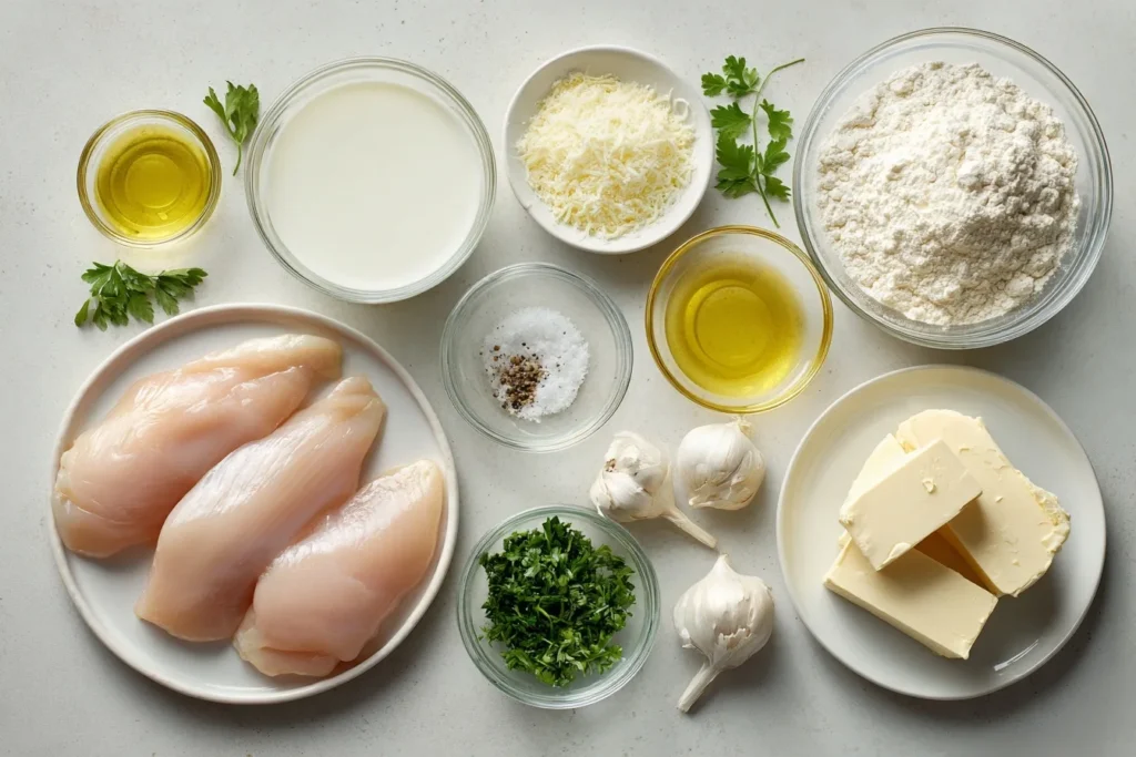 Hähnchen in Parmesan-Soße auf weißem Teller mit Reis und Gemüse, garniert mit frischer Petersilie