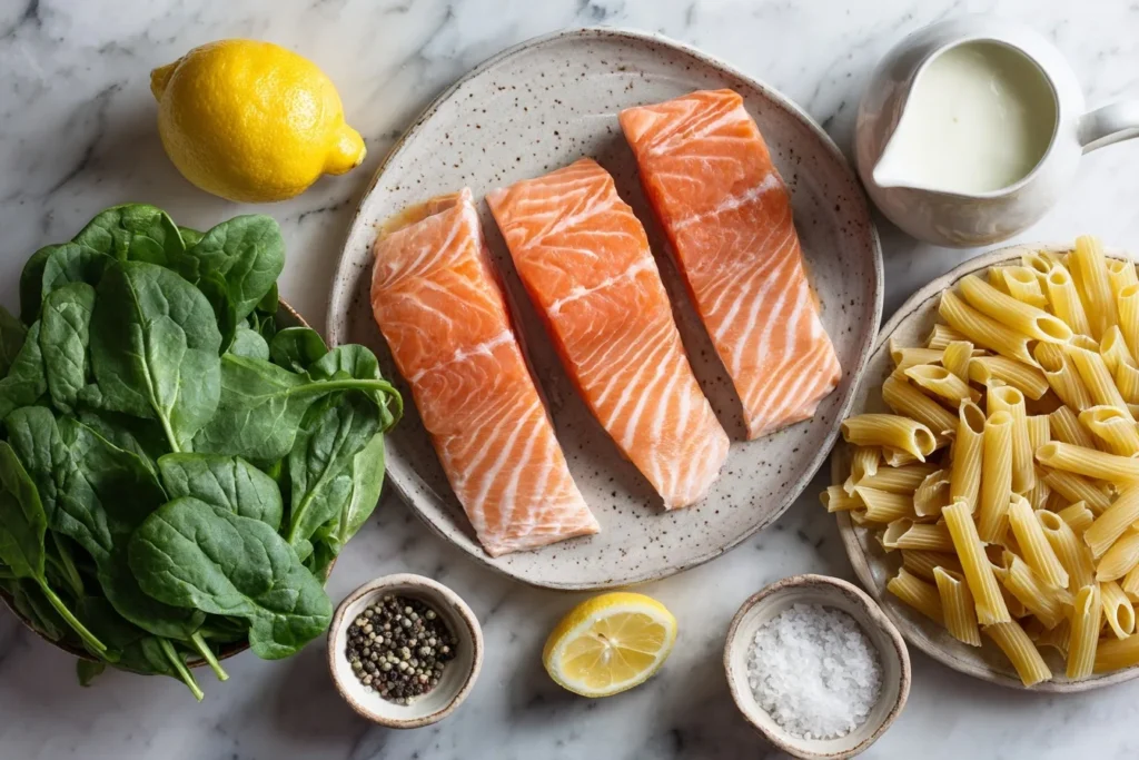 Lachs Spinat Pasta Ofen mit cremiger Sauce, saftigem Lachs und frischem Spinat, angerichtet in einer Auflaufform