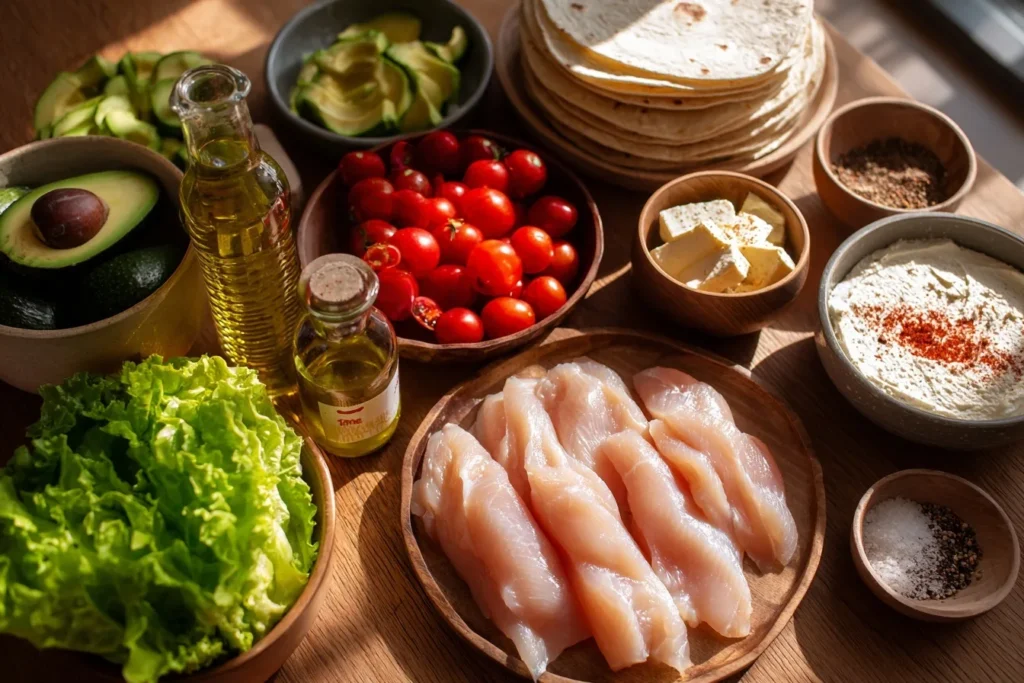 Hähnchen Wraps in professioneller Overhead-Aufnahme mit Dip-Schale und Zitronenscheiben