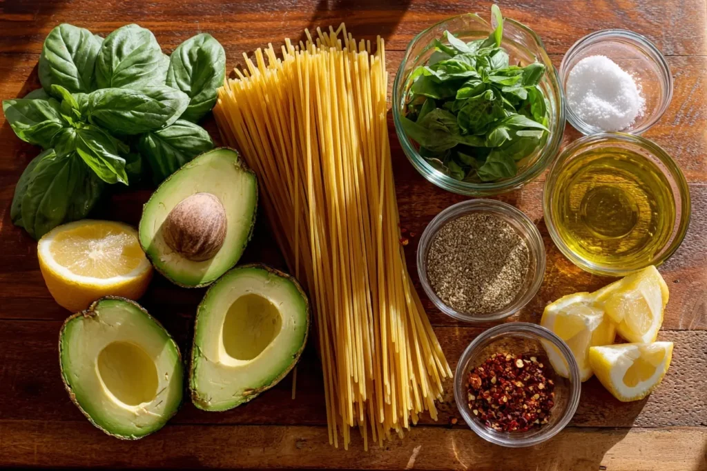 Die Aufnahme zeigt Spaghetti mit Avocado und Basilikum, ein veganes Gericht mit mediterranen Aromen, das leicht nachzukochen ist.