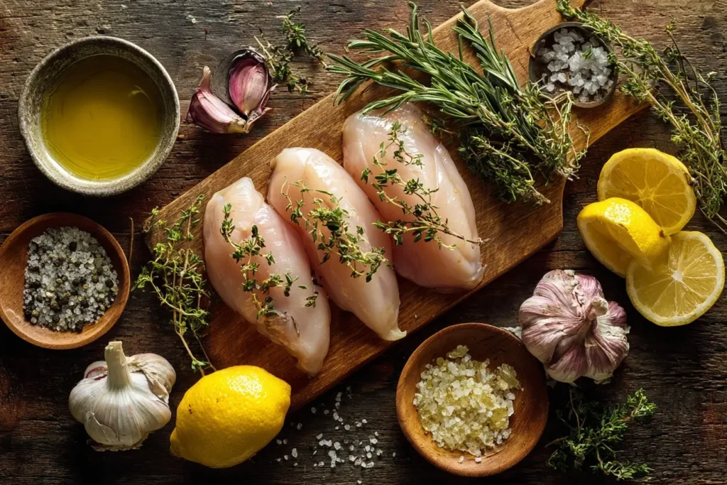Knoblauch-Hähnchen-Tapas auf Holzbrett angerichtet, garniert mit frischen Kräutern und Zitronenscheiben
