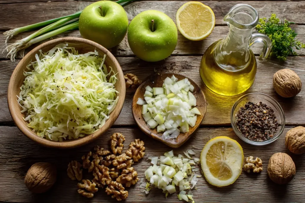 Apfel-Sauerkraut-Salat mit frischen Zutaten: knackiges Kraut, süßliche Äpfel und aromatische Gewürze, stilvoll angerichtet