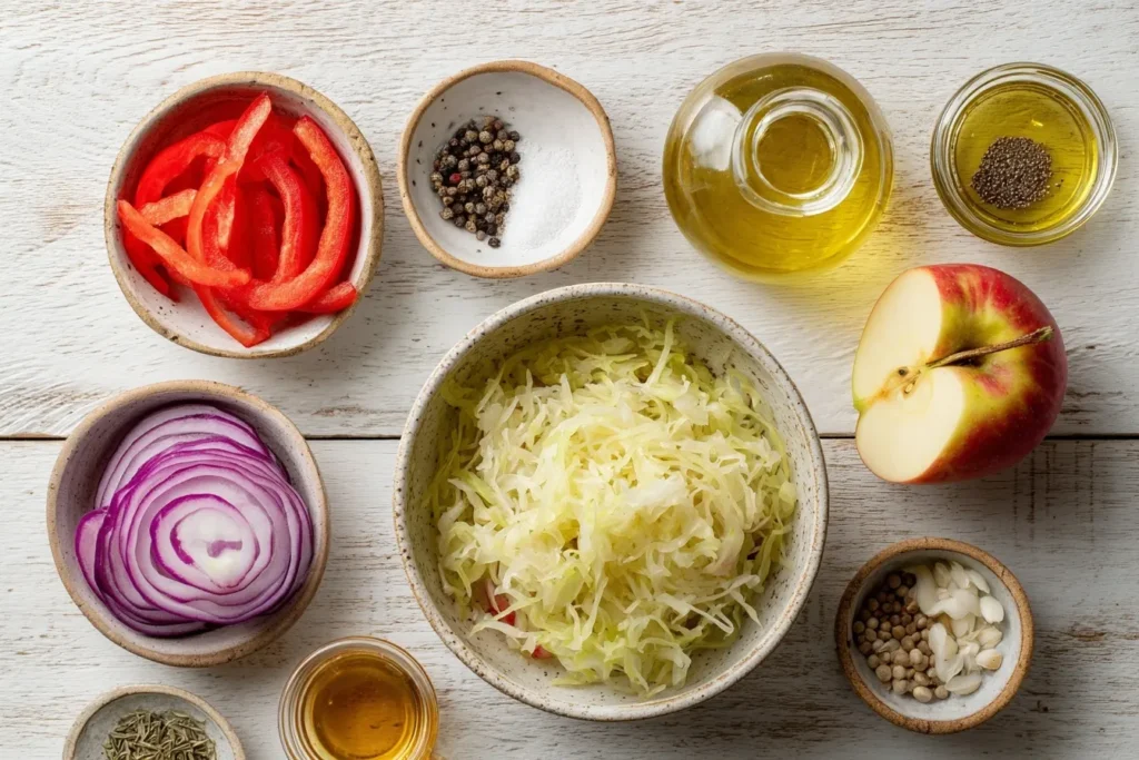Sauerkrautsalat mit Paprika in rustikaler Keramikschale.