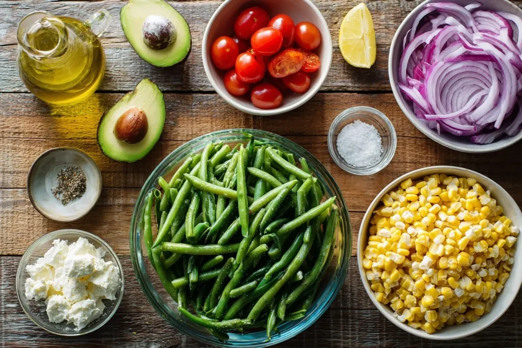 Bohnen-Mais-Salat mit Avocado und frischen Kräutern in weißer Schüssel