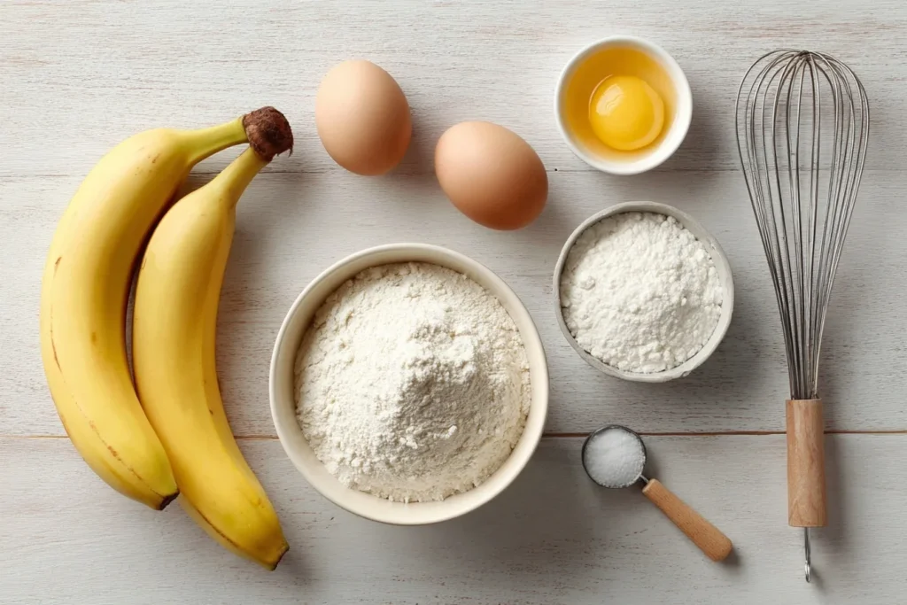 Glutenfreie Pancakes Banane mit frischen Beeren und Ahornsirup auf einem Holzteller