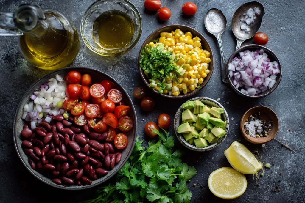 Luftige Aufnahme eines Bohnen-Mais-Salat mit Avocado, angerichtet mit geröstetem Mais, roten Zwiebelringen und frischen Kräutern, beleuchtet im goldenen Abendlicht
