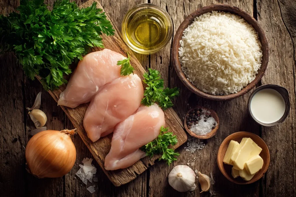 Ein ansprechendes Food-Foto zeigt Hähnchen mit Sahnesauce und Reis: Zartes, goldbraunes Hähnchen liegt auf lockerem Basmati-Reis, übergossen mit einer glänzenden Sahnesauce. Frische Petersilie und geröstete Pinienkerne verleihen Farbe und Crunch. Das Gericht ist in einer modern-rustikalen Schüssel serviert, umgeben von einer Zitronenscheibe und einer Prise Chili für zusätzliche Aromen. Warmes Licht betont die cremige Textur und lädt zum Genießen ein.