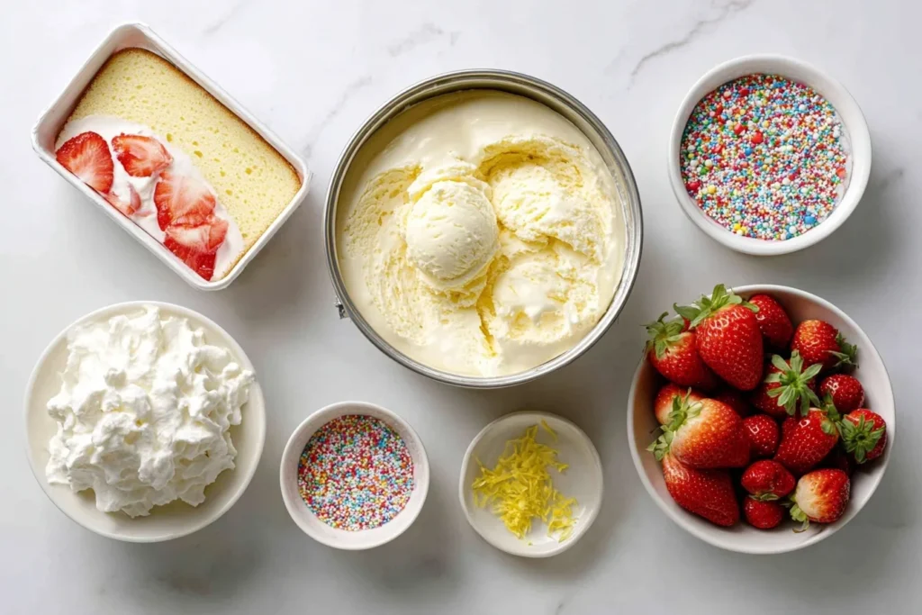 Detailaufnahme Spaghetti Eis Kuchen mit Schichten, Erdbeerglasur und Pistazien