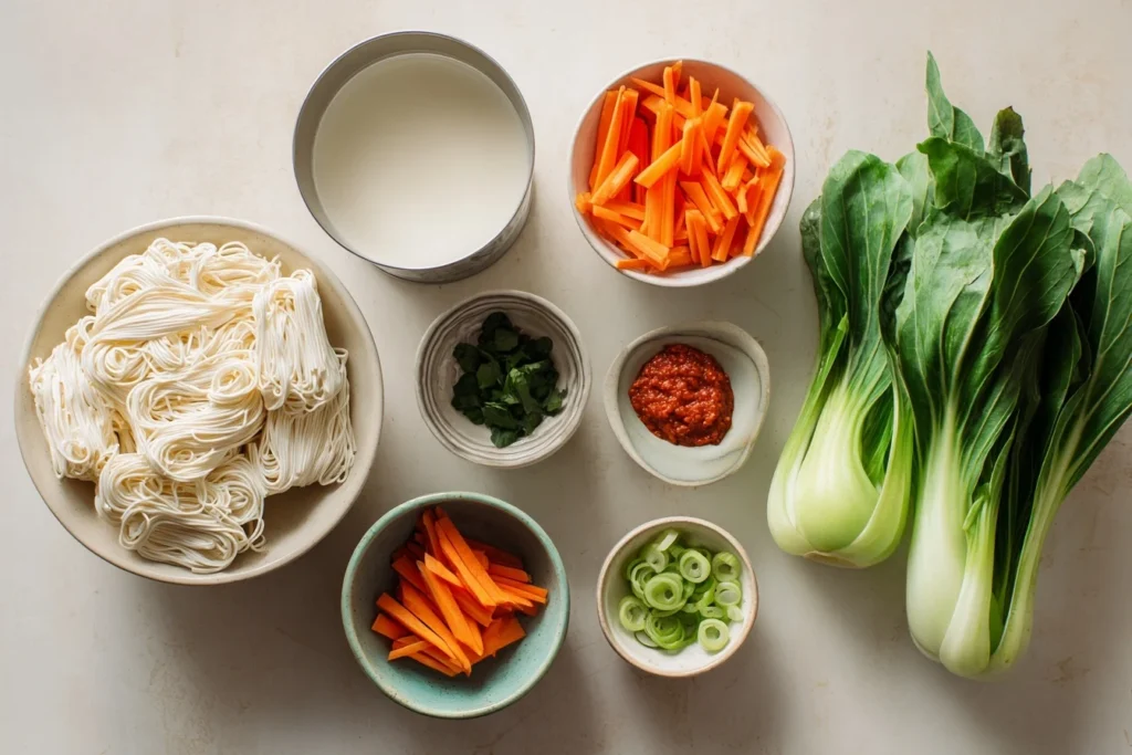 Mie-Nudeln Suppe mit frischem Gemüse und Kokosmilch in einer Schüssel serviert, garniert mit Limettenspalten und Koriander.