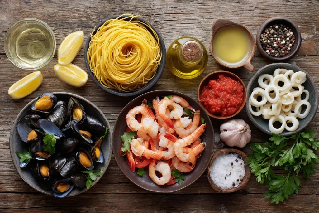 Nahaufnahme von Spaghetti Frutti di Mare mit Garnelen, Muscheln und Tintenfisch