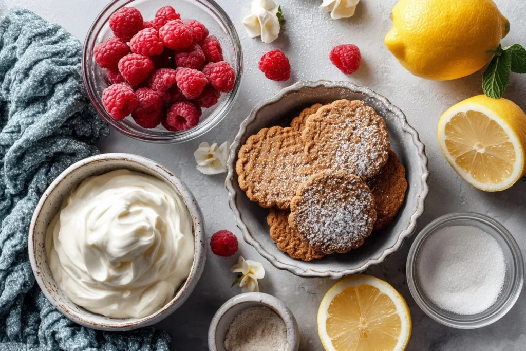 Himbeer-Spekulatius-Dessert auf weißem Teller mit Himbeeren und Sahnehaube