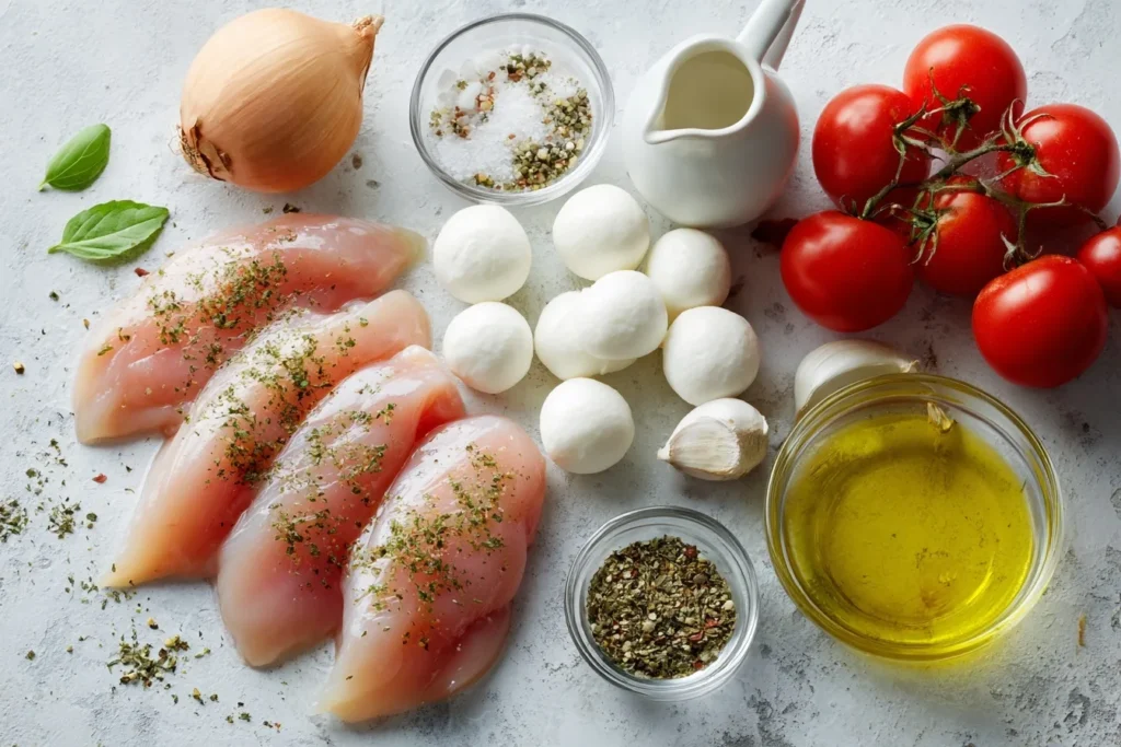 Entdecke das perfekte Abendessen: Mozzarella-Hähnchen in Tomaten-Sahne-Soße – saftiges Hähnchen, cremige Sauce und geschmolzener Käse in nur 45 Minuten!