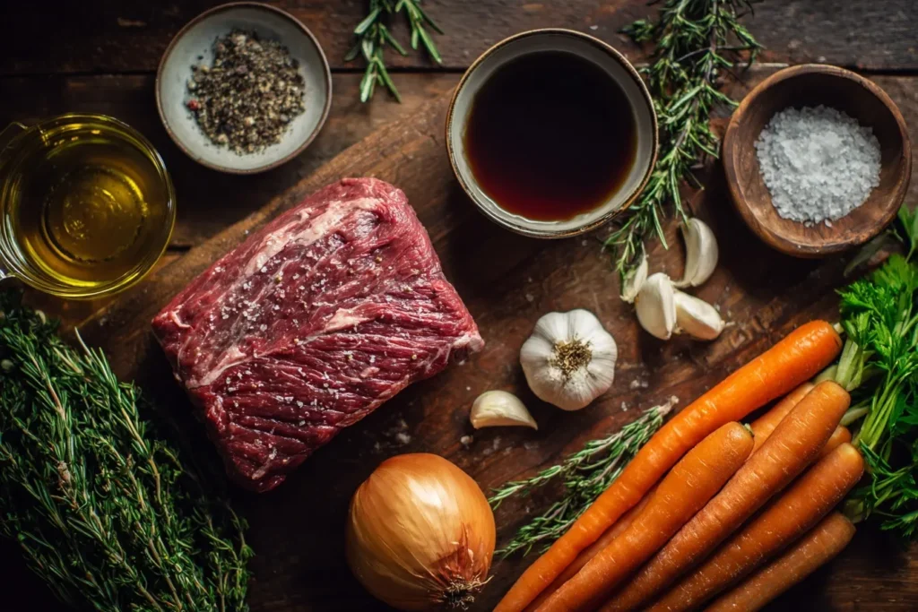 Rinderbraten im Backofen mit dampfender Soße und frischen Kräutern, appetitlich präsentiert