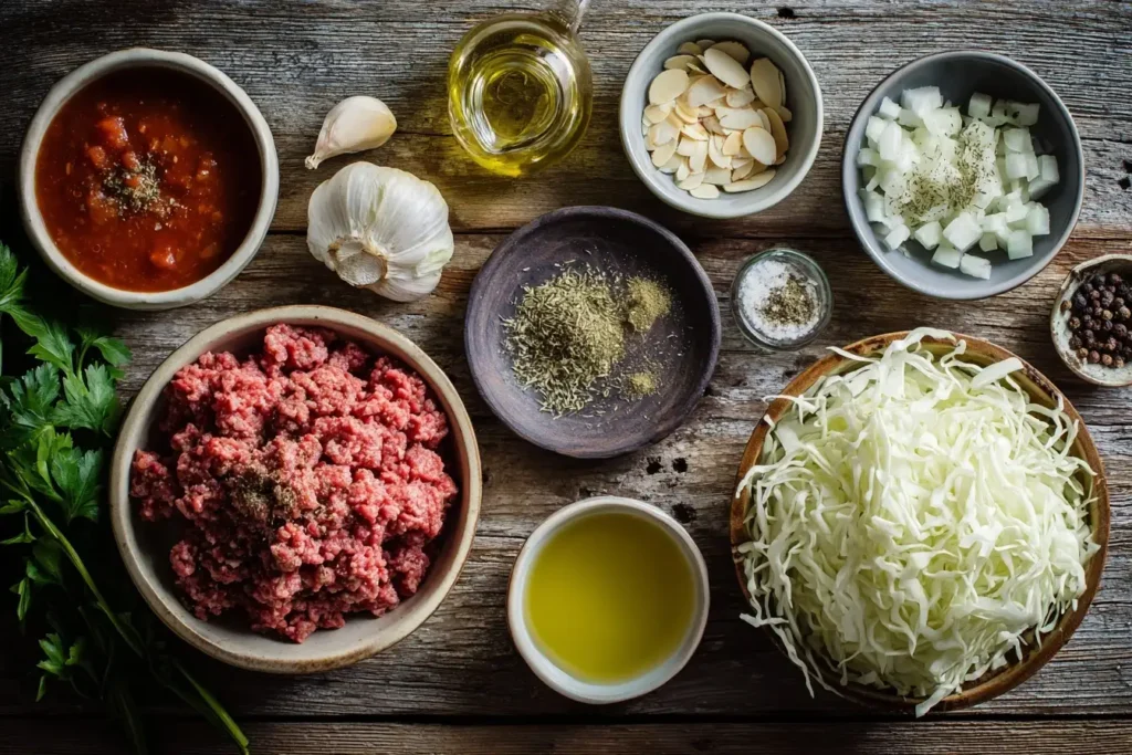 Kohl geschmort mit Hackfleisch, serviert mit Petersilie und Mandeln
