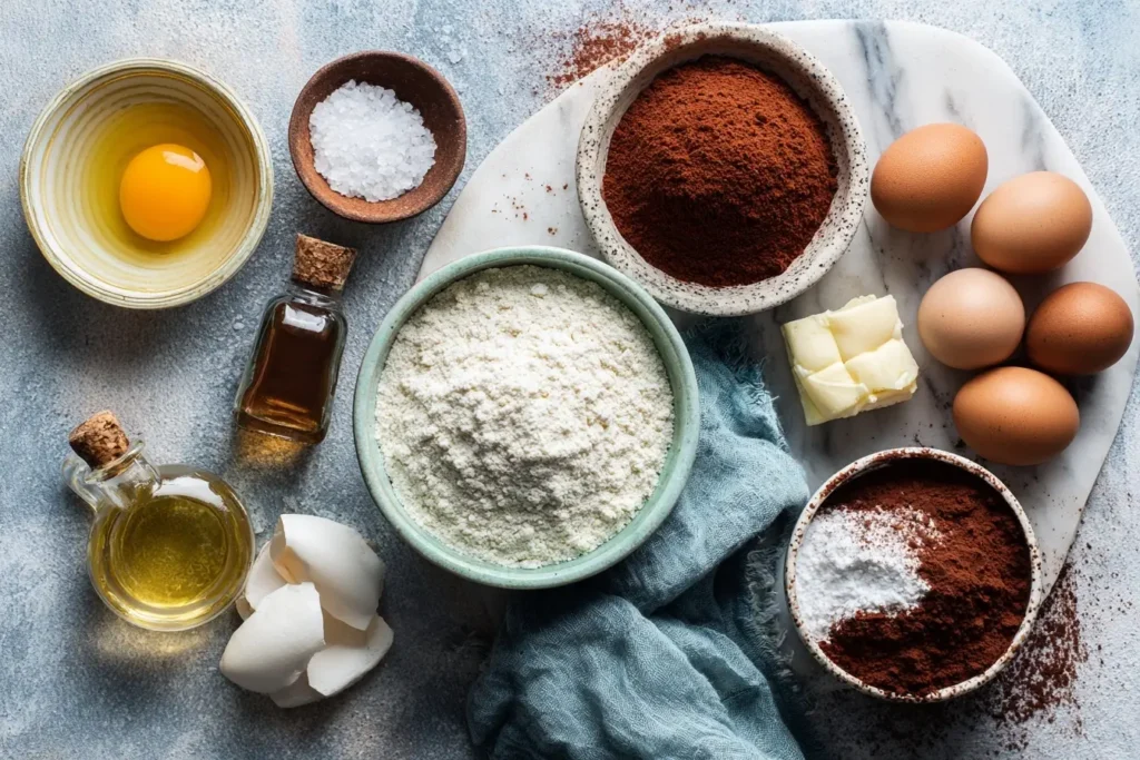 Saftige Keto-Brownies auf einem Teller mit Pudererythrit bestäubt, umgeben von frischen Beeren und einer Tasse Kaffee.