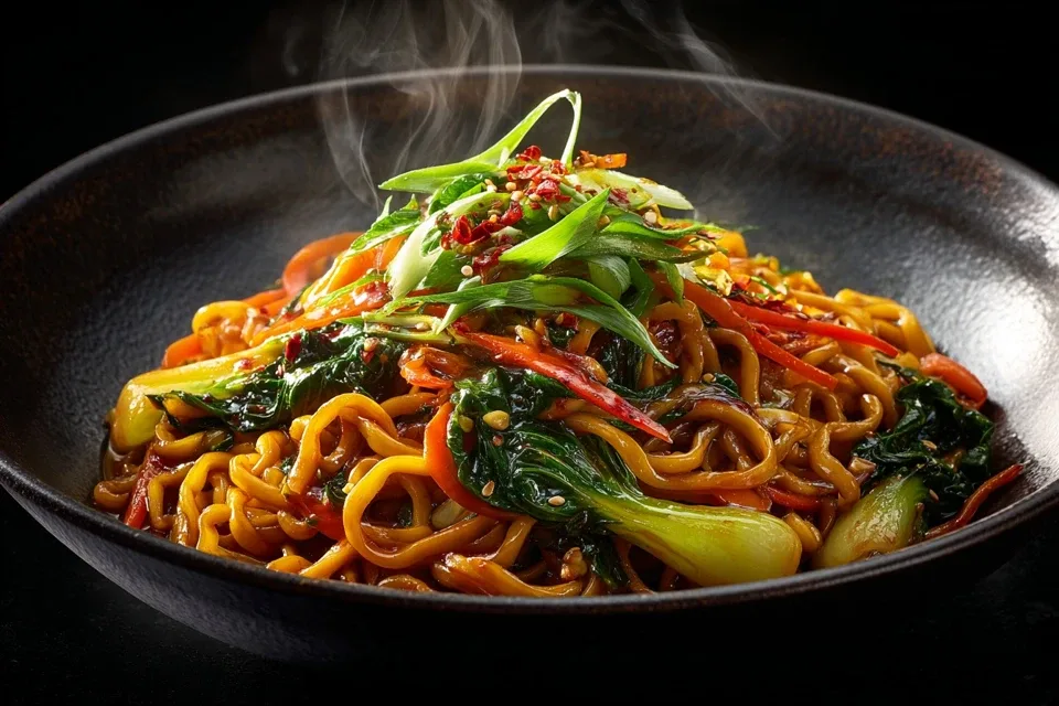 Chinesisches Gemüse mit Mie-Nudeln in einer Schüssel, garniert mit Frühlingszwiebeln und Sesamsamen – frisch, knackig und lecker!