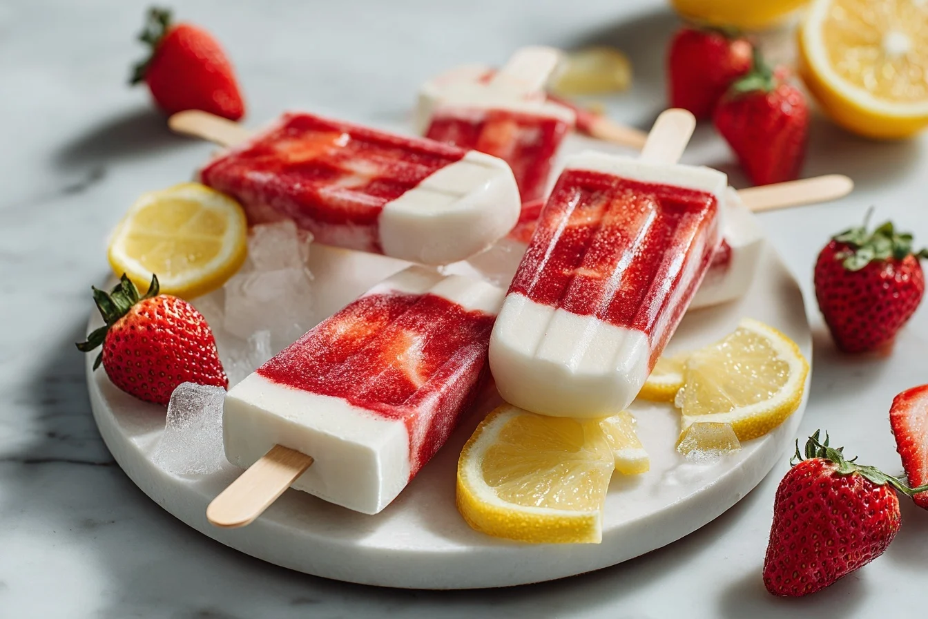 Ein cremiges Solero Dessert mit frischen Erdbeeren, serviert in einer Glasform und garniert mit Minzblättern und Kokosraspeln.