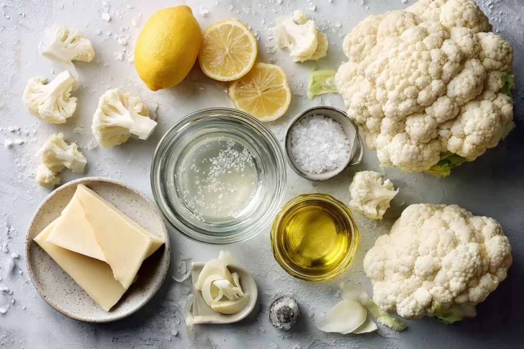 Zutaten für Blumenkohl kochen auf einem Holztisch, Blumenkohl, Wasser, Salz, Zitronensaft und Butter/Olivenöl schön arrangiert
