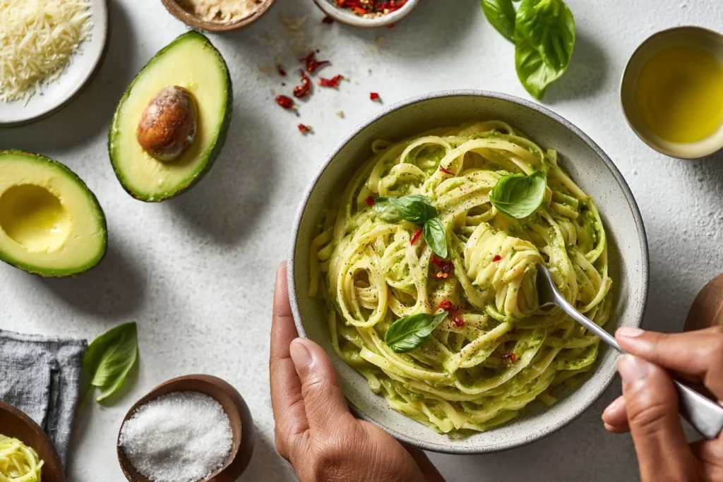 Cremige Avocado-Pasta-Sauce mit frischem Basilikum und Tomatenwürfeln auf Pasta serviert