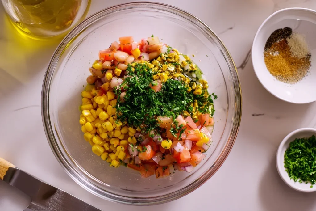 Leckerer Mais Bohnen Salat in einer Schüssel mit frischen Zutaten wie Mais, Bohnen, Tomaten und Kräutern, serviert auf einem Holztisch.
