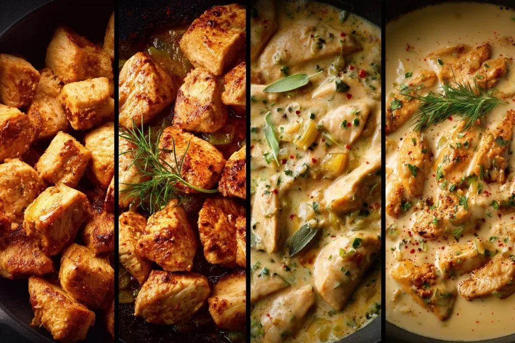 Kräuter-Sahne-Hähnchen in einer rustikalen Schüssel mit goldbraunen Hähnchenstücken, frischer Petersilie und cremiger Sauce, serviert mit Nudeln.