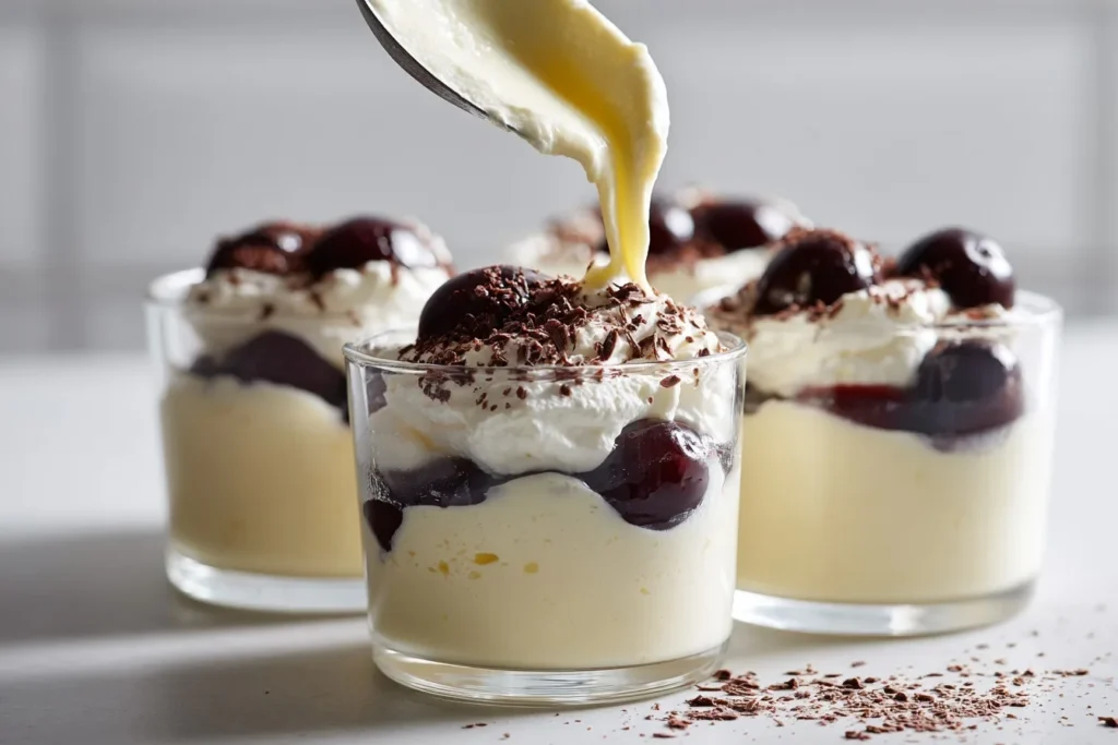 Schnelles Dessert mit Kirschen in Gläsern schichtweise angerichtet, fruchtig und cremig.