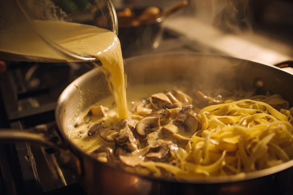 Nudeln mit Champignons in einer reichhaltigen Sahnesoße mit Chili-Flocken als Topping