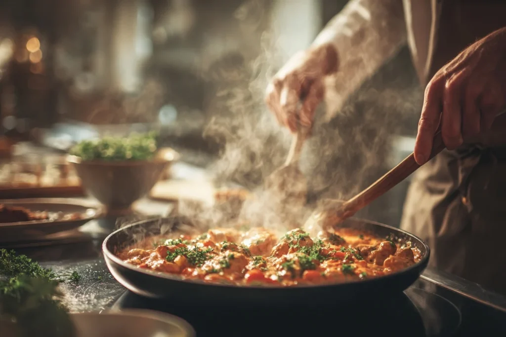 Hähnchen-Paprika-Pfanne mit cremiger Sauce, serviert mit knusprigem Baguette