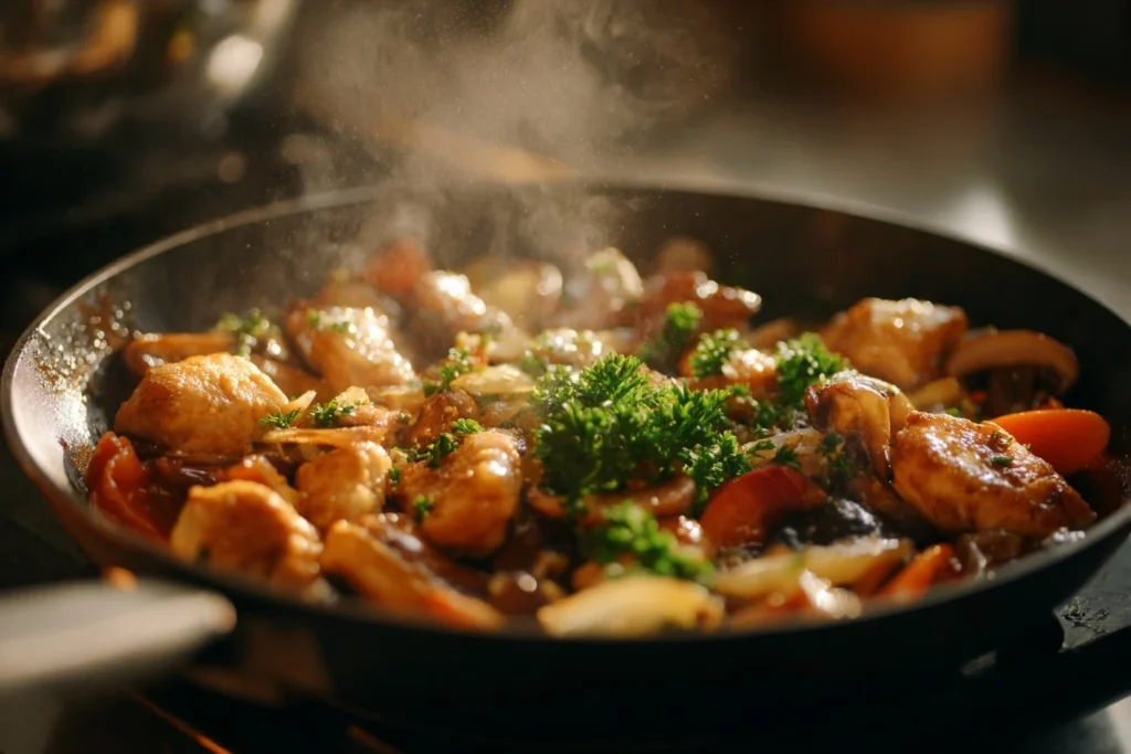 Hähnchen-Gemüse-Pfanne mit Knoblauch, serviert auf dunklem Stein mit Sojasauce