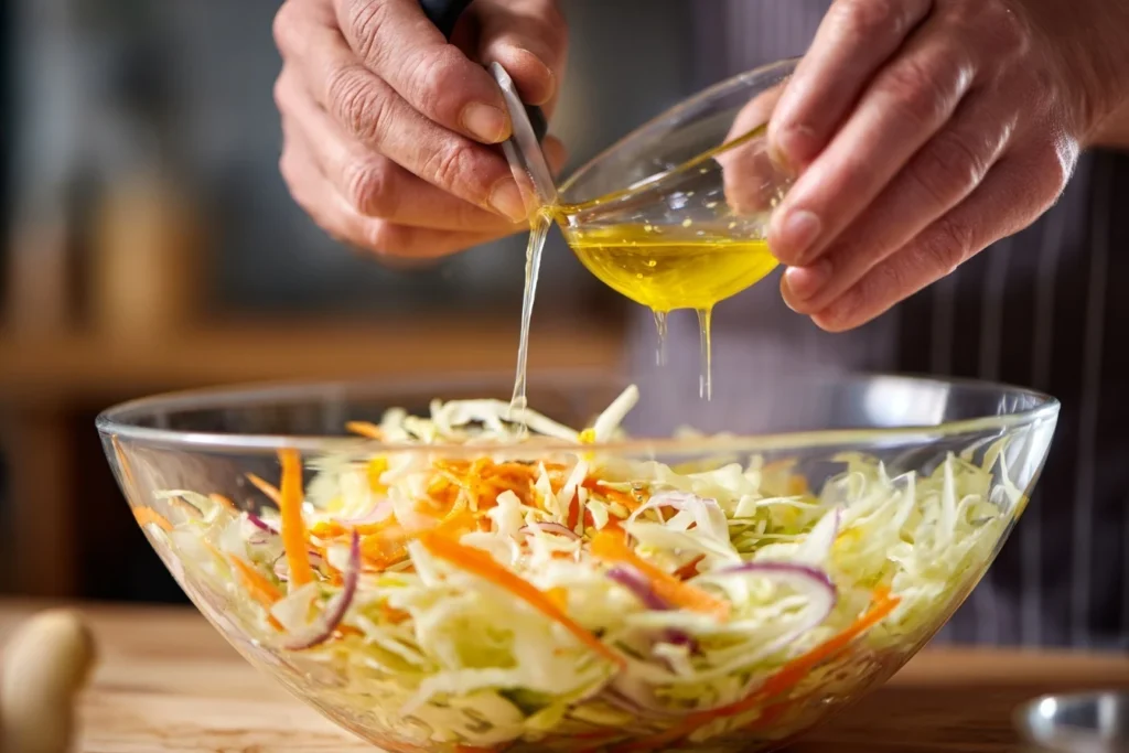 Knackiger Krautsalat mit einer säuerlichen Essig-Senf-Sauce, angerichtet auf einem Holzbrett.