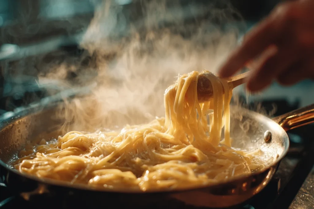 Fettuccine Alfredo mit Parmesan und Basilikum auf stilvoller Marmoroberfläche