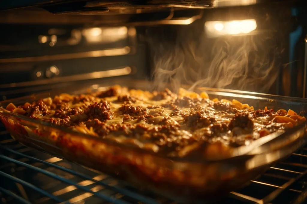 Griechischer Nudel-Hackauflauf mit Feta, dekoriert mit Chili-Flocken und Basilikum