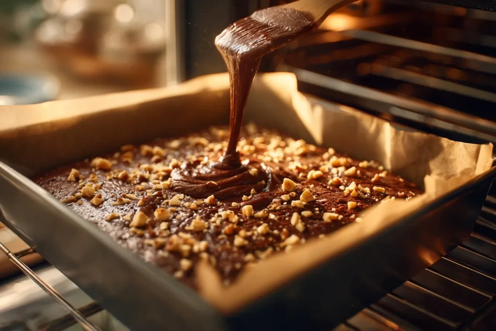 Low Carb Brownies elegant auf weißem Teller mit dunkler Schokolade und Mandeln garniert