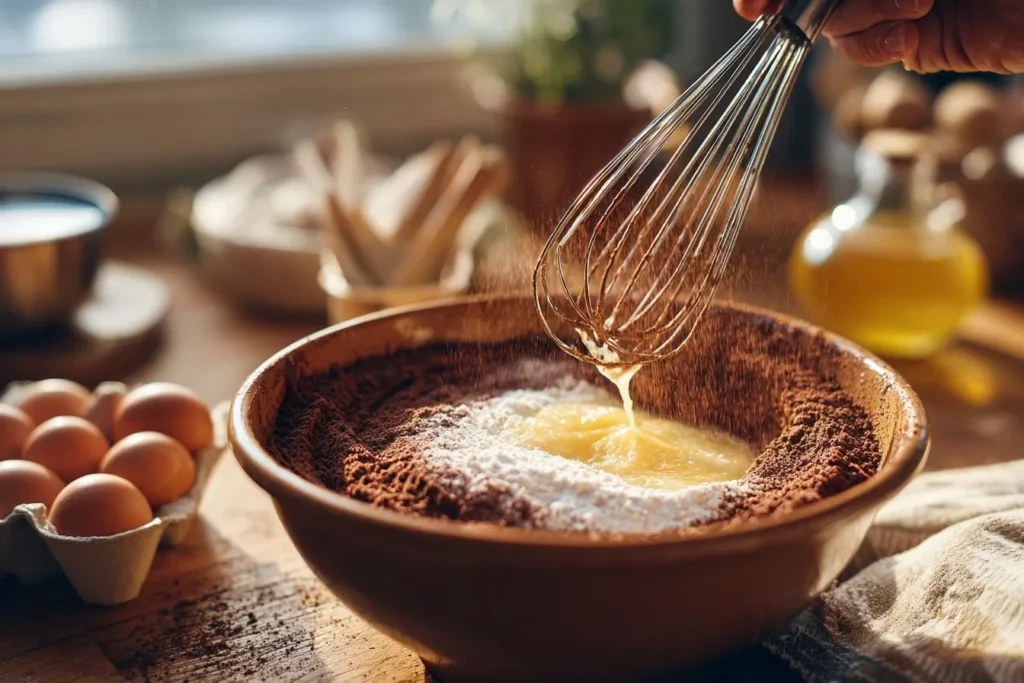 Leckerer Schokoladenkuchen ohne Mehl auf weißem Porzellanteller