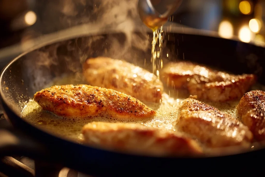 Hähnchen in Parmesan-Soße mit Kartoffelbrei und Weißwein im Hintergrund