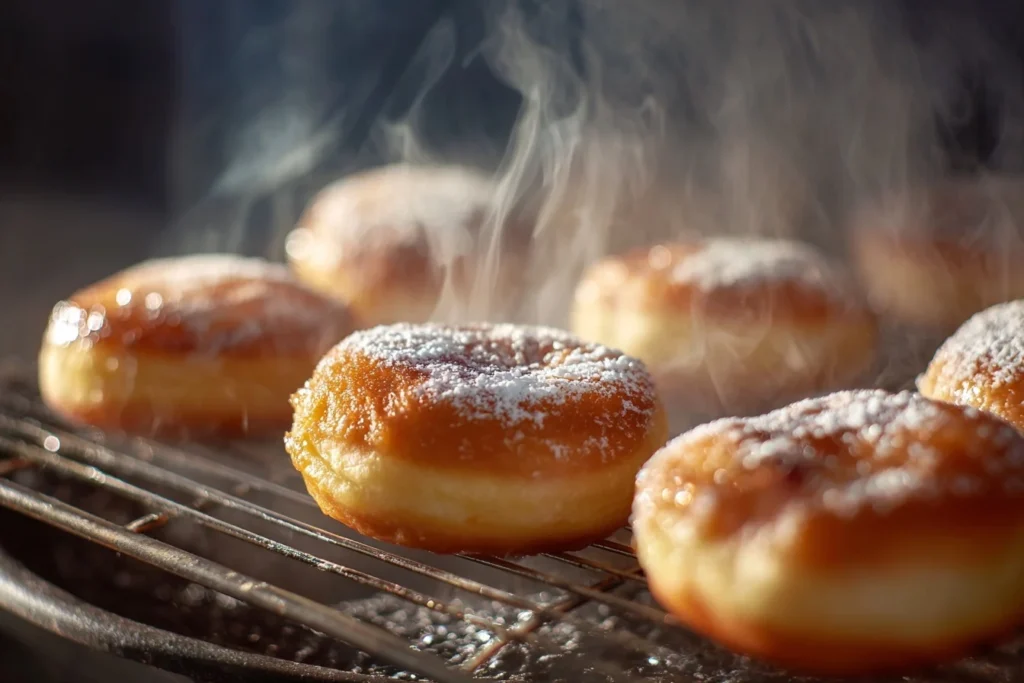 Glutenfreie Krapfen mit Puderzucker bestäubt, gefüllt mit Erdbeermarmelade – ein saftiges glutenfreies Rezept.