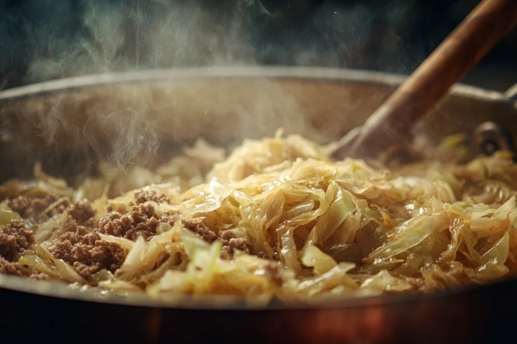 Weißkohl-Hackfleisch-Pfanne mit frischem Dill und Sauerrahm als Beilage