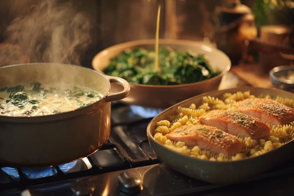 Lachs Spinat Pasta Ofen mit cremiger Sauce, saftigem Lachs und frischem Spinat, angerichtet in einer Auflaufform