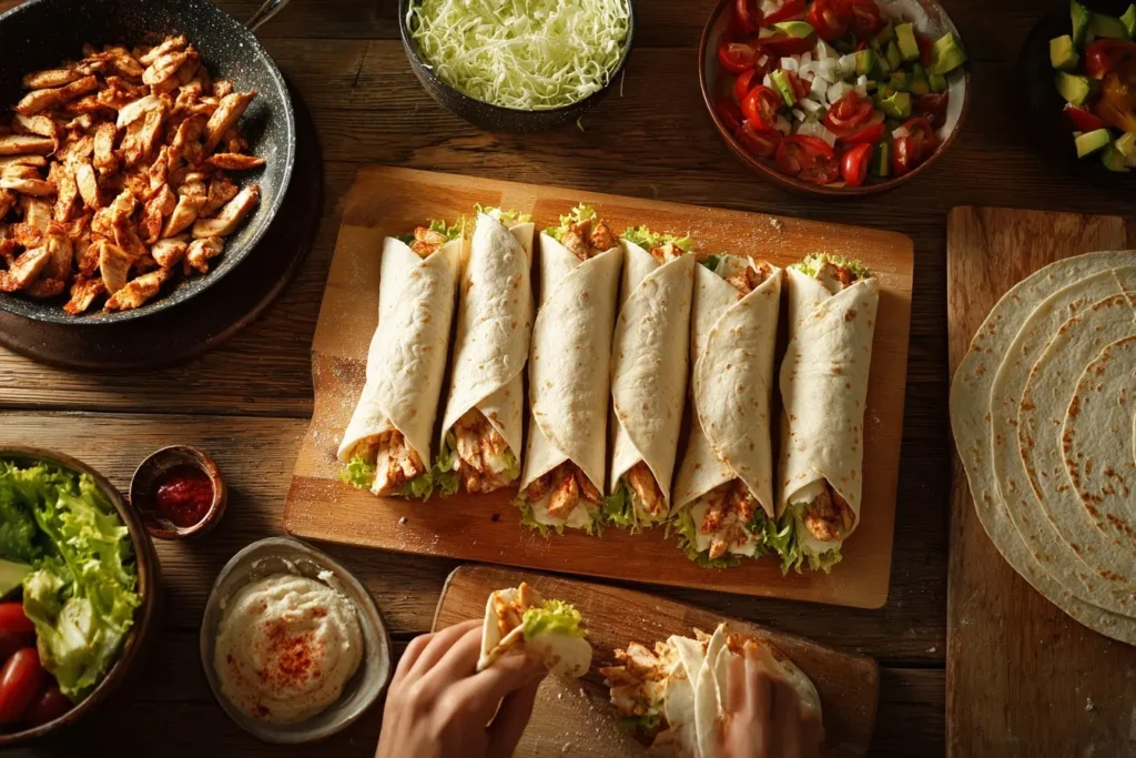 Hähnchen Wraps mit goldenem Grillhähnchen und bunten Zutaten in natürlicher Umgebung fotografiert
