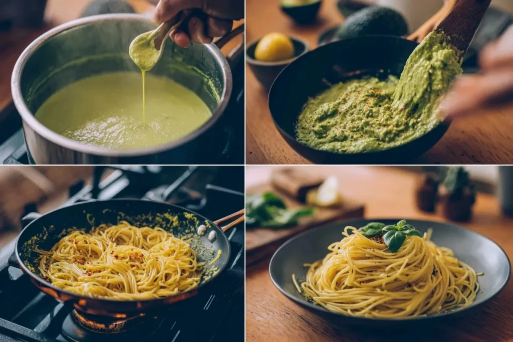 Spaghetti mit Avocado und Basilikum im natürlichen Licht, garniert mit Chili und Zitronenspalten.