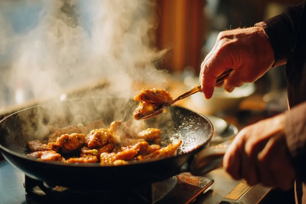 Knoblauch-Hähnchen-Tapas auf Holzbrett angerichtet, garniert mit frischen Kräutern und Zitronenscheiben