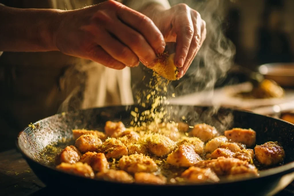 Zarte Hähnchenwürfel mit Zitronenscheiben und frischem Thymian auf einem Holzbrett, serviert als Tapas Hähnchen Zitrone.