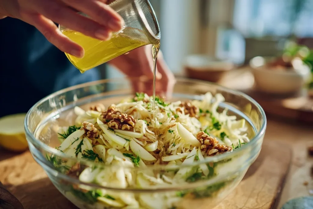 Apfel-Sauerkraut-Salat mit sauren Äpfeln, Kümmel und gehackten Walnüssen, serviert in einer Vintage-Schüssel mit Holzgabel