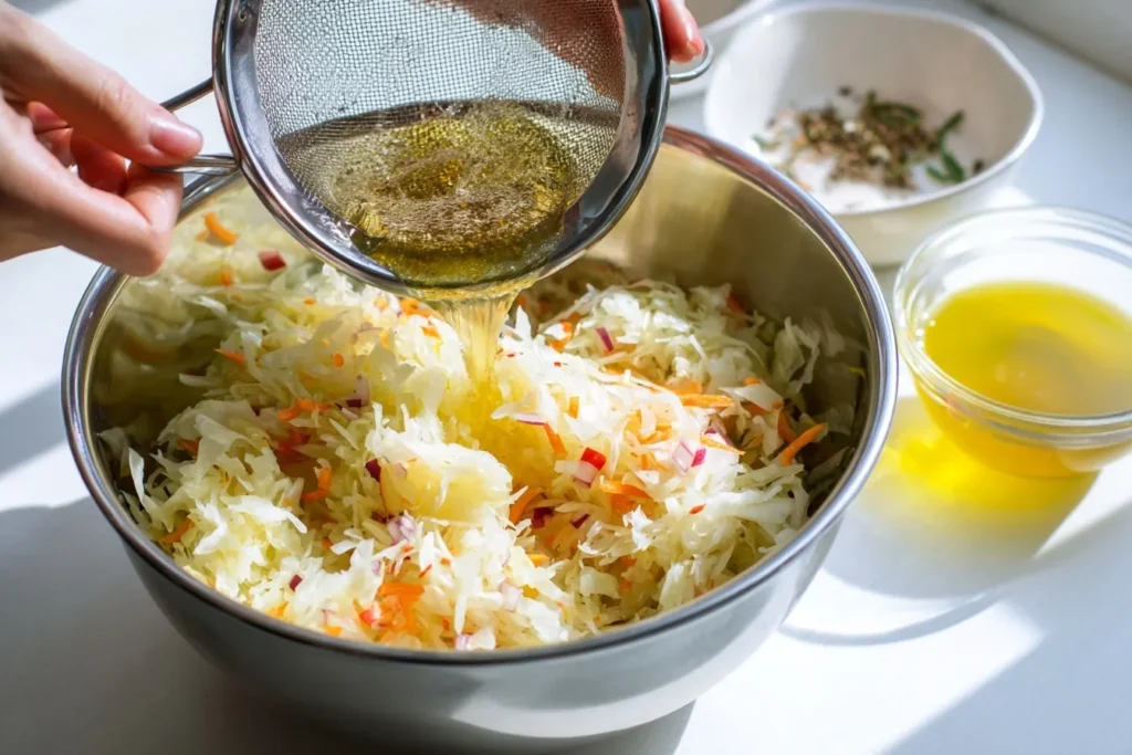 Sauerkrautsalat mit Paprika, garniert mit Schnittlauch und gerösteten Kernen.
