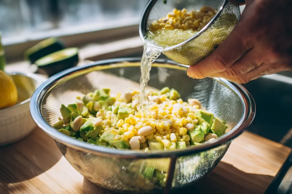 Dynamische Nahaufnahme eines Bohnen-Mais-Salat mit Avocado, garniert mit Koriander, Chiliflocken und einer Holzgabel auf einem grauen Stein, beleuchtet mit warmem Sonnenlicht