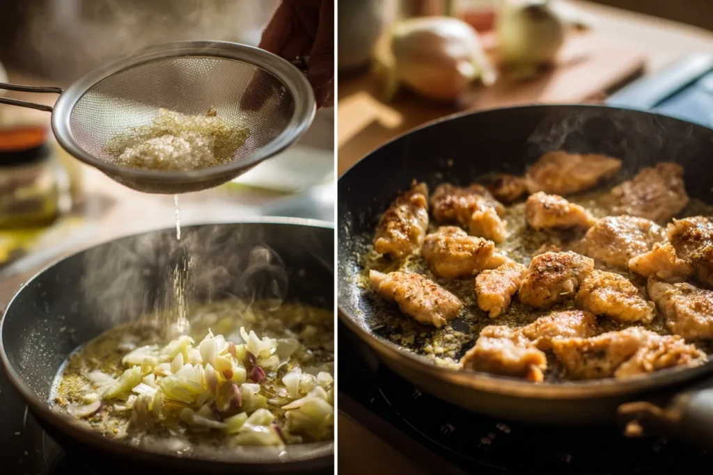 Hähnchen mit Sahnesauce und Reis – cremiges Hähnchen auf duftendem Basmati-Reis, garniert mit frischer Petersilie und gerösteten Pinienkernen.