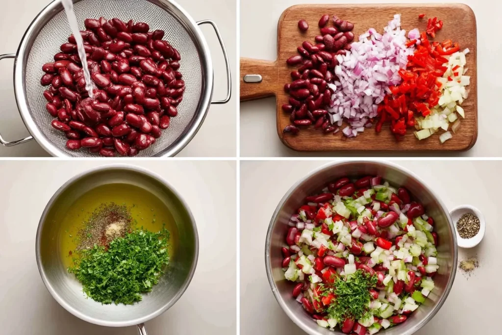 Rote Bohnen Salat in einer Schüssel mit frischem Gemüse, garniert mit Petersilie – ein schnelles, gesundes Rezept für jeden Tag.